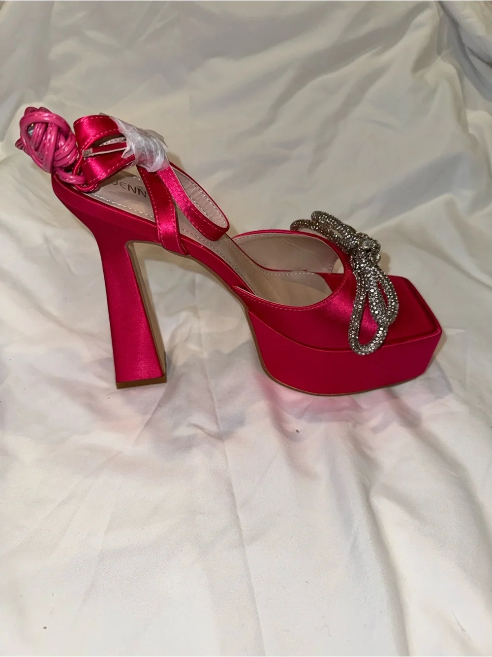 SHEIN Hot Pink Satin Platform Heeled Sandals with Crystal Bow